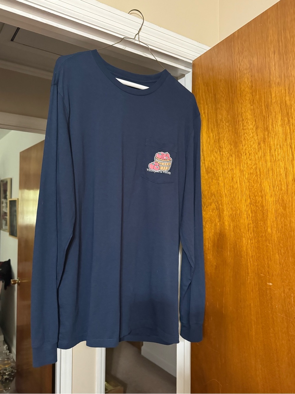 Vineyard Vines Navy Long Sleeve Pocket Tee with Fruit Barrel Logo